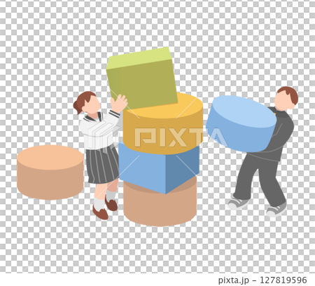 Male and female students working together to stack things 127819596