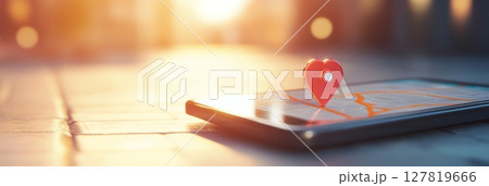 Online map application on a smartphone displaying a heart shaped location icon, marking a special destination during a stunning sunset over an urban landscape 127819666