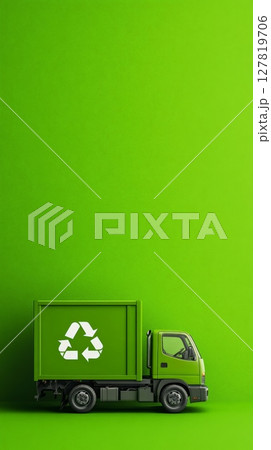 Green recycling truck carrying recycling symbol, parked against a vibrant green backdrop, promoting eco friendly practices and waste management for environmental sustainability 127819706
