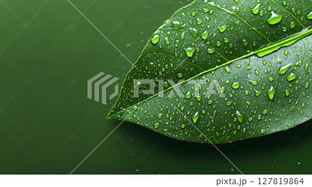 Close up of a vibrant green leaf with glistening water droplets against a dark green background, creating a refreshing scene of sustainability and nature 127819864