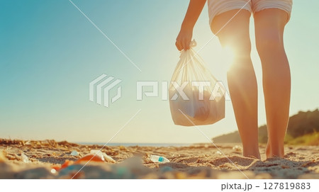 Volunteer carrying plastic bag full of garbage walking on the beach at sunset, cleaning the environment from plastic and other harmful waste, showing environmental awareness and care Volunteer carrying plastic bag full of garbage walking on the beach at sunset, cleaning the environment from plastic and other harmful waste, showing environmental awareness and care 127819883