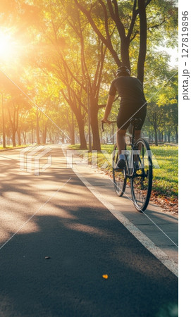 Cyclist is riding a bicycle on a paved path through a city park, enjoying the golden sunlight filtering through the trees, promoting sustainable transportation and a healthy lifestyle 127819896