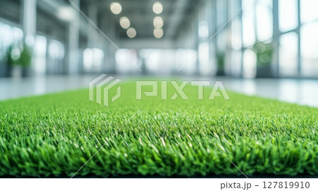 Artificial grass flooring enhances aesthetic appeal and promotes a healthier work environment in contemporary offices, seamlessly blending indoor and outdoor spaces 127819910