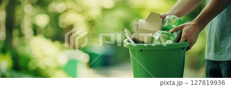 Close up of a man putting plastic bottles and cardboard packaging into a green recycling bin, promoting sustainability and eco friendly waste management practices in a natural outdoor setting Close up of a man putting plastic bottles and cardboard packaging into a green recycling bin, promoting sustainability and eco friendly waste management practices in a natural outdoor setting 127819936