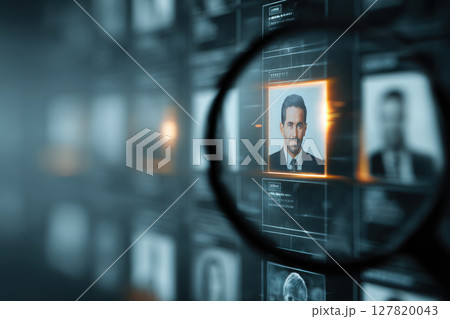 Magnifying glass focusing on male candidate profile on digital screen 127820043