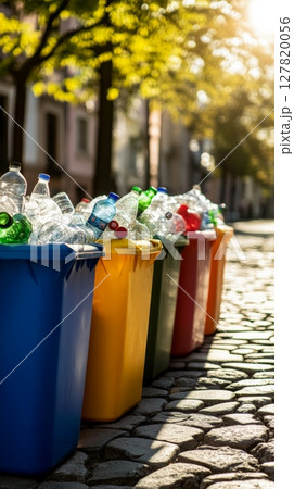 Overflowing colorful recycle bins filled with plastic bottles stand on a cobblestone street, promoting sustainability and responsible waste management in an urban setting bathed in sunlight 127820056
