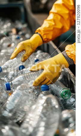 Gloved hands carefully sorting plastic bottles at a waste management facility, emphasizing the importance of recycling and environmental sustainability 127820096
