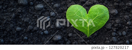 Vibrant green heart shaped leaf lies on rich, dark soil, representing environmental protection, sustainable practices, and the love for our planet 127820217