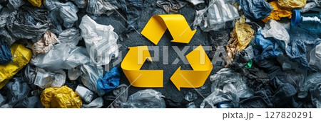 Large yellow recycle symbol positioned on crumpled plastic trash, emphasizing the importance of sustainability and promoting eco friendly waste management practices for a cleaner planet Large yellow recycle symbol positioned on crumpled plastic trash, emphasizing the importance of sustainability and promoting eco friendly waste management practices for a cleaner planet 127820291
