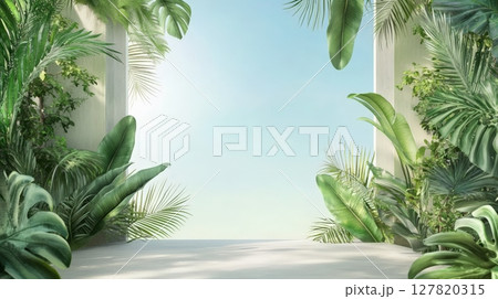 Lush tropical foliage surrounds a clean, minimal space, creating a serene and natural backdrop against a bright, clear sky, ideal for showcasing products or designs 127820315