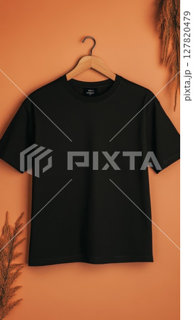 Black t shirt hanging on wooden hanger against an orange background with copy space, creating a stylish and minimalist mockup for showcasing designs or promoting apparel brands 127820479