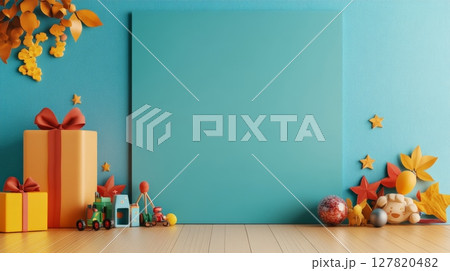 Festive children's room adorned with vibrant gifts, playful toys, and scattered autumn leaves, featuring an empty banner for copy space against a cheerful turquoise wall 127820482