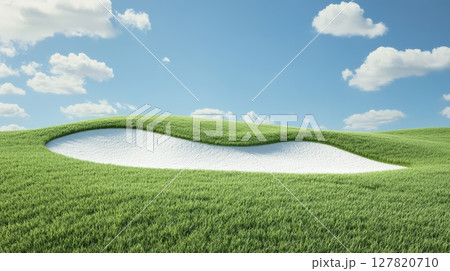 White sand bunker creates a challenging obstacle on a beautifully manicured golf course, promising an exciting game under a serene blue sky dotted with fluffy white clouds 127820710