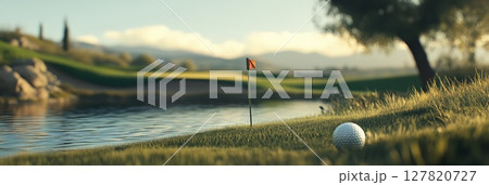 Golf ball is lying on the green near the hole with a red flag on a beautiful golf course next to a lake on a sunny day with mountains in the background 127820727