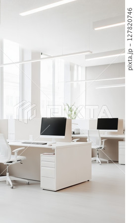 Bright and spacious open plan office featuring white desks, computers with blank screens, comfortable chairs, and minimalist design, creating a productive and stylish work environment 127820746