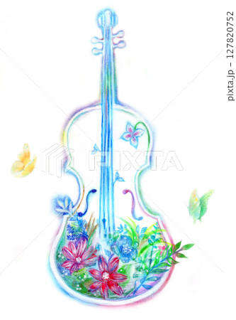 バイオリンと植物　蝶々　手描き 127820752