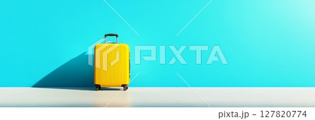 Bright yellow suitcase standing on white floor against turquoise wall, creating minimalist travel concept with ample copy space for design or text 127820774