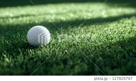 Golf ball lying on a perfectly mown putting green, illuminated by warm sunlight, creating a serene and inviting atmosphere for a relaxing game of golf 127820787