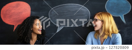Two cheerful businesswomen are discussing and exchanging ideas, with colorful speech bubbles drawn on a blackboard symbolizing communication, social media, and brainstorming in a business context 127820809
