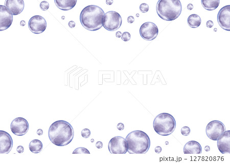 Horizontal frame of water bubbles streams. Watercolor illustration. Purple transparent underwater element. Hand drawn isolated art. Border for marine, summer and cosmetic themes, children's projects 127820876