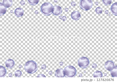 Horizontal frame of water bubbles streams. Watercolor illustration. Purple transparent underwater element. Hand drawn isolated art. Border for marine, summer and cosmetic themes, children's projects 127820876