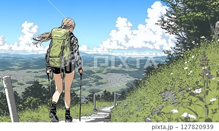 ソロハイキング（ソロ登山）を楽しんでいる若い女性