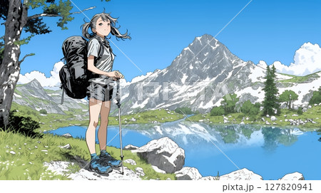 ソロハイキング（ソロ登山）を楽しんでいる若い女性