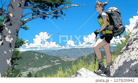 ソロハイキング（ソロ登山）を楽しんでいる若い女性