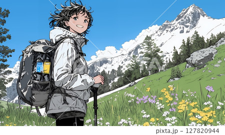 ソロハイキング（ソロ登山）を楽しんでいる若い女性
