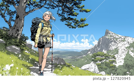 ソロハイキング（ソロ登山）を楽しんでいる若い女性
