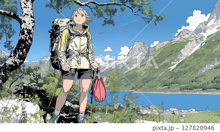ソロハイキング（ソロ登山）を楽しんでいる若い女性