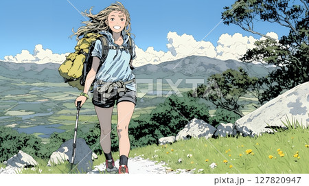 ソロハイキング（ソロ登山）を楽しんでいる若い女性