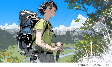 ソロハイキング（ソロ登山）を楽しんでいる若い女性