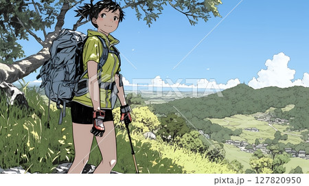 ソロハイキング（ソロ登山）を楽しんでいる若い女性