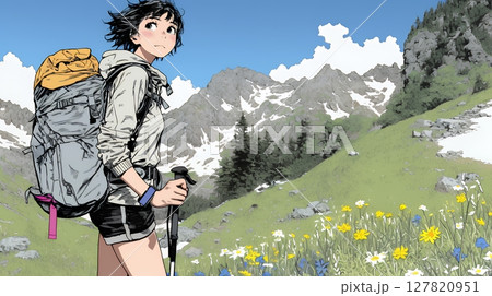ソロハイキング（ソロ登山）を楽しんでいる若い女性