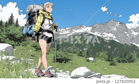 ソロハイキング（ソロ登山）を楽しんでいる若い女性