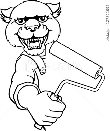 Panther Painter Decorator Paint Roller Mascot Man 127821093