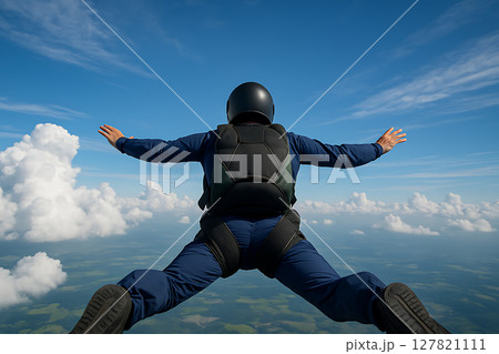パラシュートジャンプで空に飛び出す自由な冒険者の後ろ姿 127821111