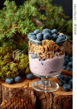 Blueberry dessert with rye flakes and fresh berries. 127821567