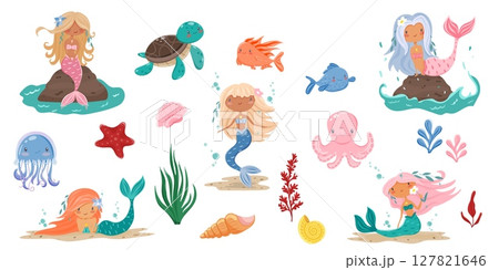 Set of mermaids and sea dwellers Set of mermaids and sea dwellers 127821646
