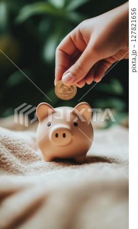 Hand gently places a shiny gold coin into a piggy bank resting on a soft, textured surface, symbolizing the act of saving and investing for future financial security 127821656