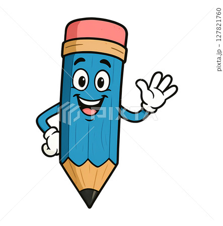 Cute Blue Pencil Cartoon Character Waving Cute Blue Pencil Cartoon Character Waving 127821760