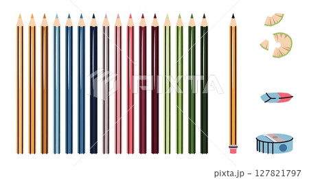 Colored Pencils Set with Sharpener, Eraser and Pencil Shavings in Flat Design. Artist Kit for Drawing, School Projects and Hobbies. Ideal for Art Supply Branding, Educational Materials Colored Pencils Set with Sharpener, Eraser and Pencil Shavings in Flat Design. Artist Kit for Drawing, School Projects and Hobbies. Ideal for Art Supply Branding, Educational Materials 127821797
