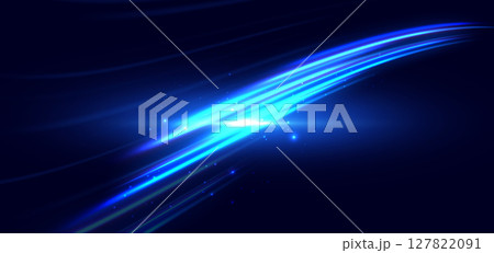 Hi-speed blue neon wave beams rays on dark blue background. Speed motion moving concept. 127822091
