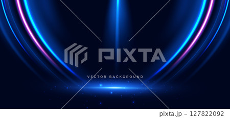 Scene futuristic technology blue and pink beam curved on dark blue background. 127822092