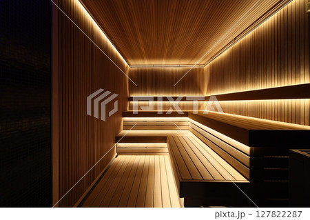 A Modern Wooden Sauna Interior Featuring Beautiful Ambient Lighting for a Relaxing Experience A Modern Wooden Sauna Interior Featuring Beautiful Ambient Lighting for a Relaxing Experience 127822287