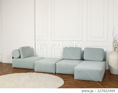 Introducing the Modern Modular Sofa, featuring a beautiful Light Blue Fabric upholstery 127822484