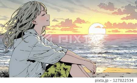 のんびり・ゆったり：夏のビーチで夕日を眺める若い女性