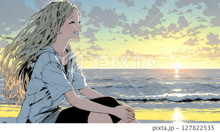 のんびり・ゆったり：夏のビーチで夕日を眺める若い女性