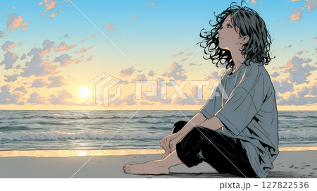 のんびり・ゆったり：夏のビーチで夕日を眺める若い女性